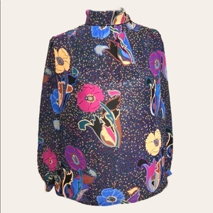 Jebb Levy vintage style vibrant floral retro high‎ neck long sleeve sheer blouse